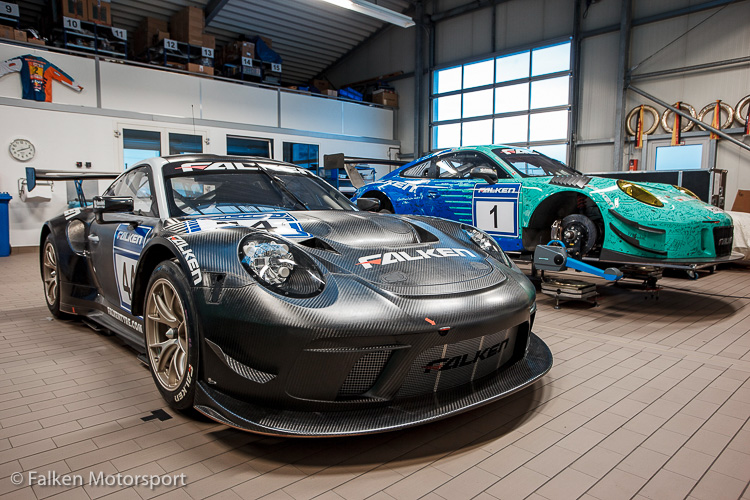 2019 Falken Motorsport Porsche 911 GT3 R (front) with the 2018 Porsche 911 GT3 R (back) 