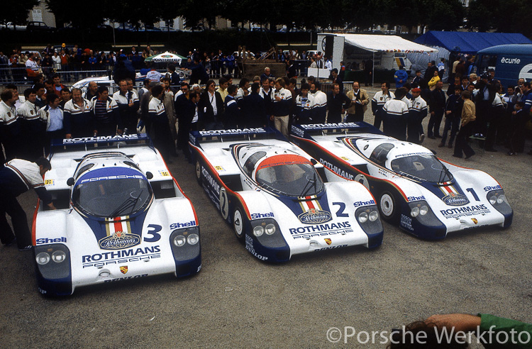 Lined up for the photo shoot following scrutineering for the 1982 Le Mans 24 Hours are the three works Group C Porsche 956s