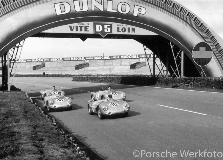 The Porsche contingent on a media parade lap ahead of the 1954 Le Mans 24-Hour race