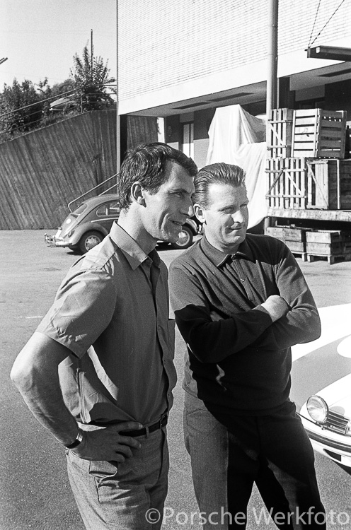 Vic Elford in discussion with David Stone outside Werk 2 in Zuffenhausen ahead of the 1967 Marathon de la Route