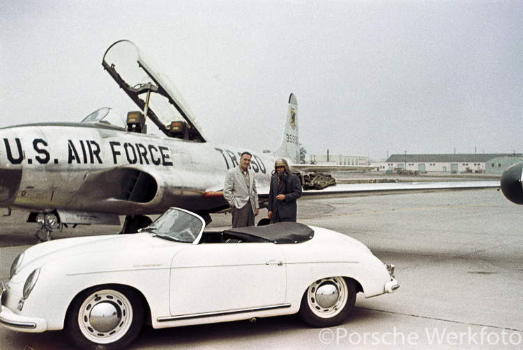 356 Speedster in front of a USAF fighter jet at the Langley Air Force base in Virginia