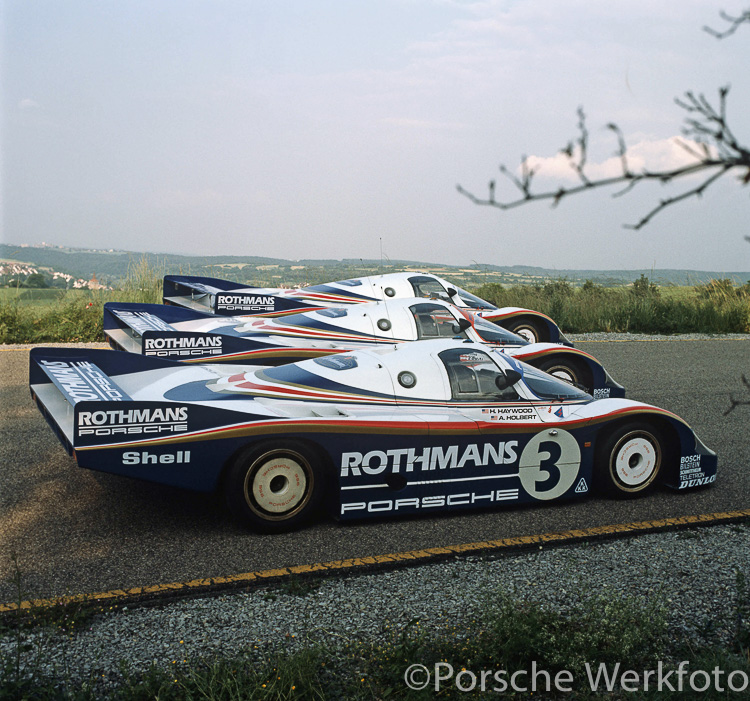 Three factory 956s pose on the test track at Weissach