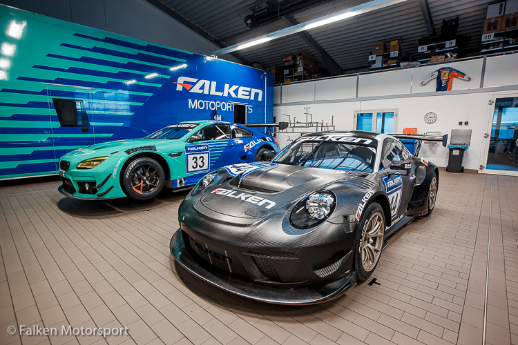 2019 Falken Motorsport Porsche 911 GT3 R (front) with the BMW M6 GT3 (back)