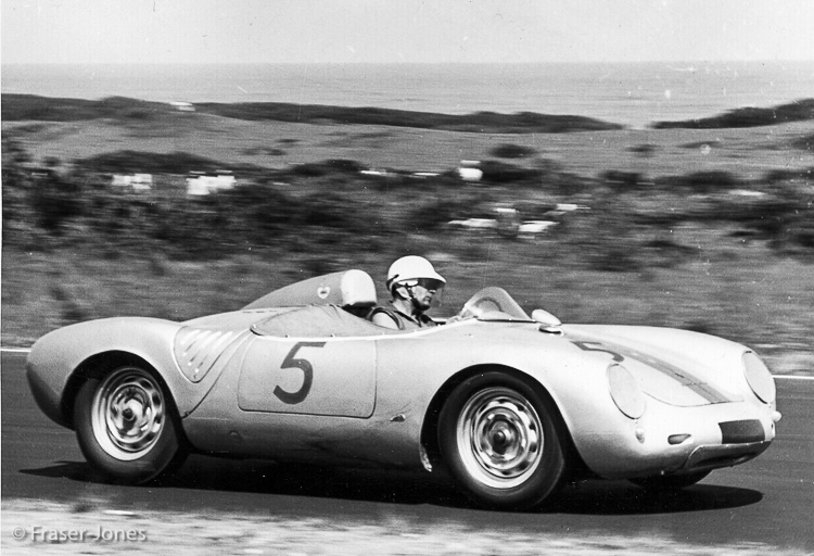 Ian Fraser-Jones speeds along the Beach Straight in the Porsche 550 Spyder, East London, 1960