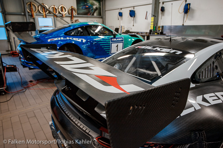 2019 Falken Motorsport Porsche 911 GT3 R (front) with the 2018 Porsche 911 GT3 R (back)