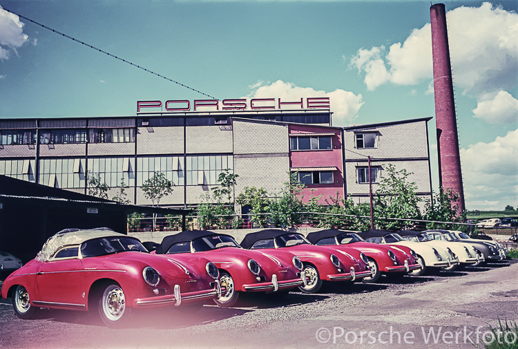 Reutter-bodied 356 Speedsters outside Porsche’s Werk II in 1957