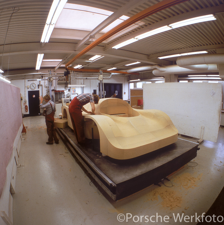 Fabrication of the full-scale clay model of the 956 takes shape in the racing department at Weissach early in 1982