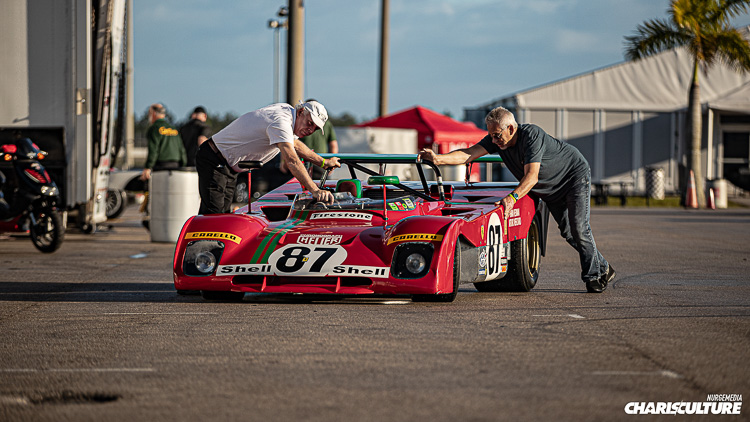 Ferrari 312 PB being wheeled around the paddock