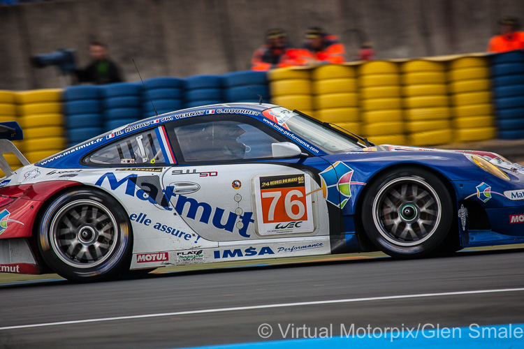 The #76 IMSA Performance Matmut Porsche 911 GT3 RSR was driven by Raymond Narac, Christophe Bourret and Jean-Karl Vernay The #76 IMSA Performance Matmut Porsche 911 GT3 RSR was driven by Raymond Narac, Christophe Bourret and Jean-Karl Vernay