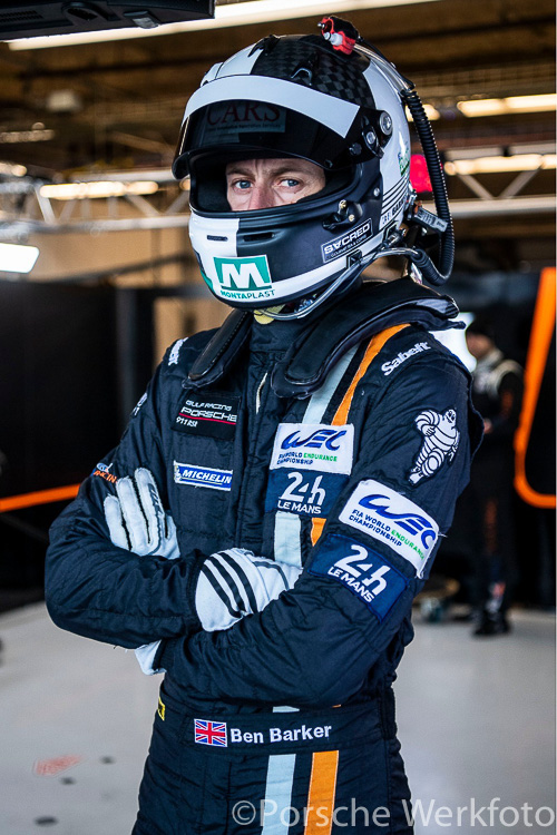 Ben Barker waits for his stint behind the wheel of the #86 Gulf Racing Porsche 911 RSR Ben Barker waits for his stint behind the wheel of the #86 Gulf Racing Porsche 911 RSR