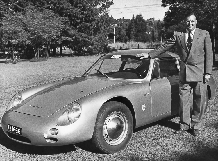 Ian Fraser-Jones poses at his home with his new Porsche 356 B 1600 Carrera GTL Abarth coupé, December 1960