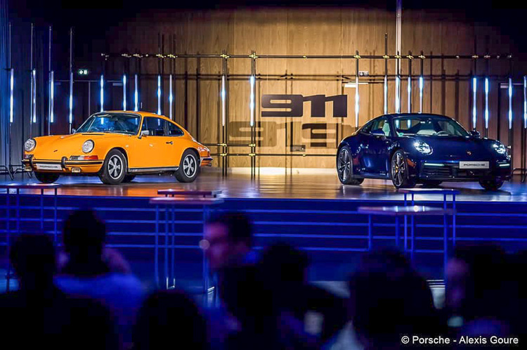 Porsche Carrera Cup France 2018 season prize giving ceremony in Paris on Wednesday 30 January 2019 - on the right is the new Porsche Type 992, which was revealed on the night