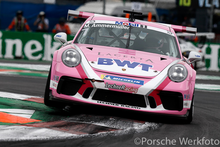 Michael Ammermüller rides the kerb in his Porsche 911 GT3 Cup