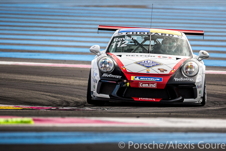 The #112 Tsunami RT Porsche 911 GT3 Cup car in action driven by Alessio Rovera