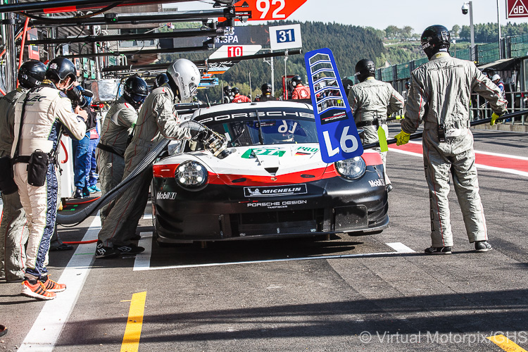 he #91 Porsche 911 RSR (LMGTE Pro) driven by Richard Lietz and Gianmaria Bruni in the pit lane