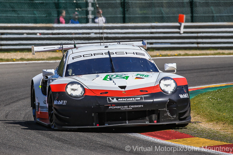 The #92 Porsche 911 RSR (LMGTE Pro) driven by Michael Christensen and Kevin Estre, negotiates Les Combes during the race