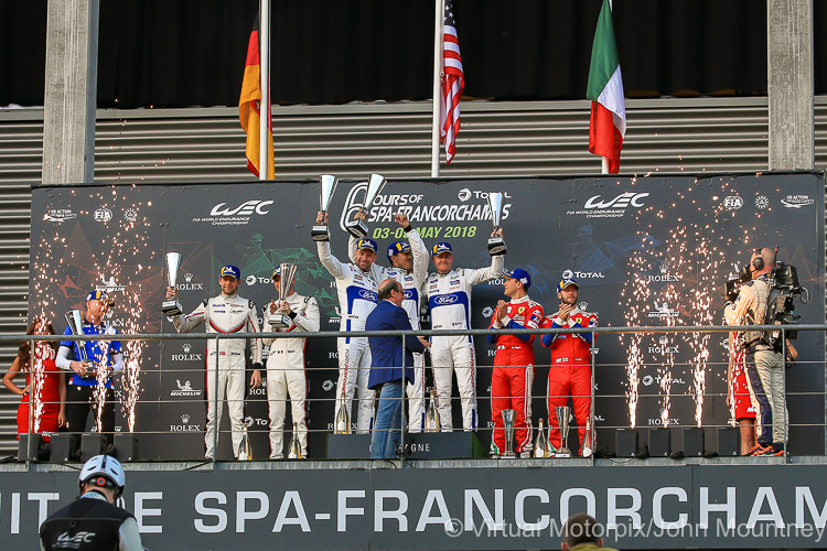 LMGTE Pro podium - Ford (centre), Porsche (left) & Ferrari (right)
