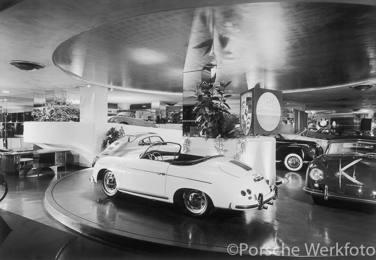 A 356 Speedster stands on display at the Porsche dealer, Hoffman Motor Car Co, in their new showroom premises, 56 Park Avenue, New York