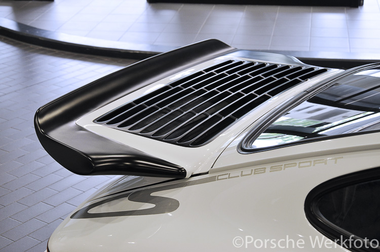 1985 prototype 911 Carrera 3.2 Club Sport in the Museum Workshop showing the car’s rear spoiler