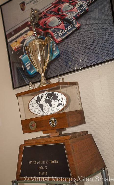 Daytona-Le Mans Trophy 1976-1977 proudly on display in the Kremer Racing headquarters