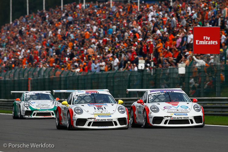 Matt Campbell #7 Porsche 911 GT3 Cup and Josh Webster #5 Porsche 911 GT3 Cup