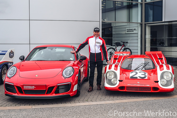 Richard Attwood with 911 Carrera 4 GTS British Legends Edition and 1970 Porsche 917