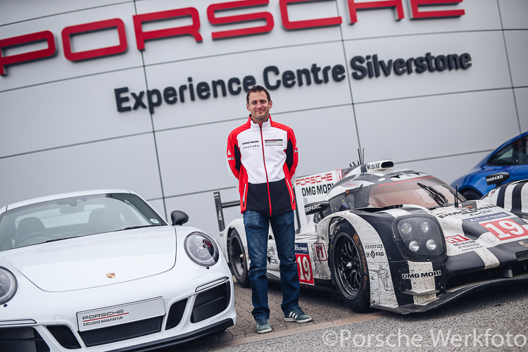 Nick Tandy with 911 Carrera 4 GTS British Legends Edition and 2015 Porsche 919 Hybrid LMP1