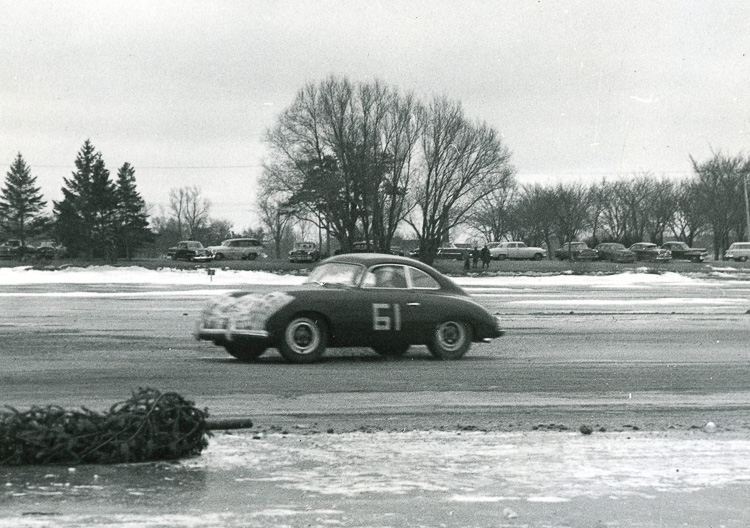 Paul van Antwerpen driving #50064 during the Ice Races at Elkhart Lake, December 1953