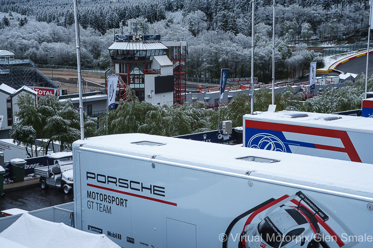 Snow on race day early in the morning with 0°C showing at the top of the tower at the track on Saturday 4 May 2019 at Spa-Francorchamps