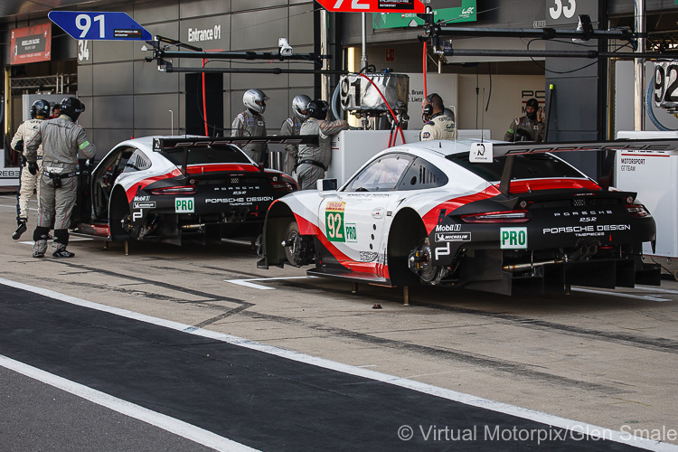 #91 Porsche 911 RSR driven by Richard Lietz/Gianmaria Bruni, and #92 Porsche 911 RSR driven by Michael Christensen/Kevin Estre