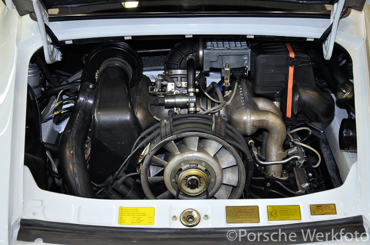1985 prototype 911 Carrera 3.2 Club Sport in the Museum Workshop showing engine detail
