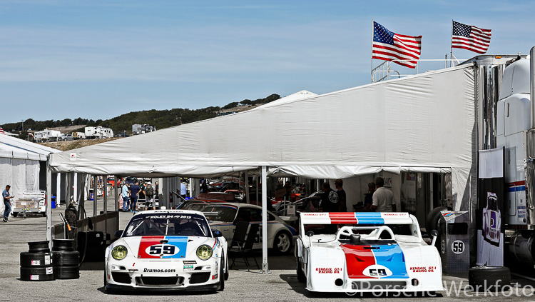 Brumos Racing Porsche 997 GT3 Cup from the 2012 Rolex Daytona 24 Hours (left), and a 1973 Porsche 917/10 Can-Am Spyder (right)