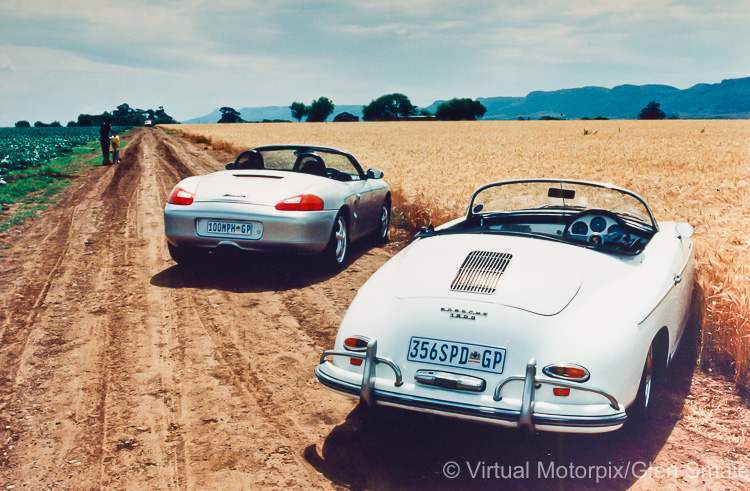 A 1997 Porsche Boxster (left) and a 1958 Porsche 356 A Speedster (right)