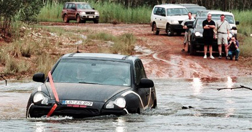 Porsche Cayenne 955 prototype crossing a river