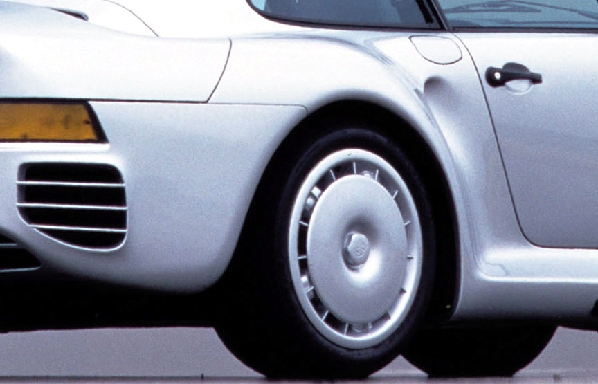 Aerodynamic wheel covers as seen on a 959 prototype