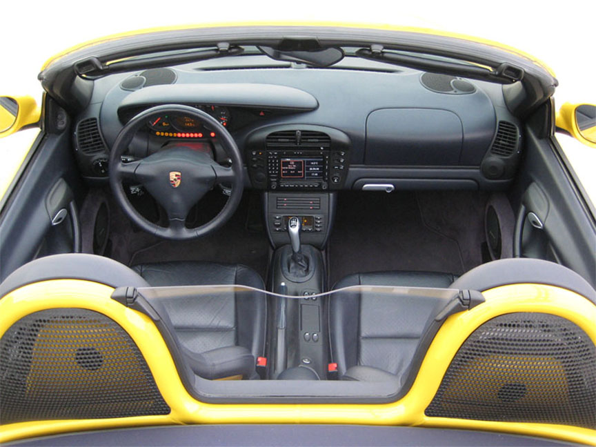 Porsche Boxster 986 yellow painted roll over bars, windstop
