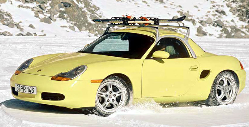 Porsche Boxster with hardtop, roof rack and ski holder