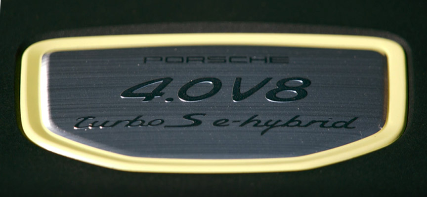 Porsche Cayenne Turbo S E-hybrid logo on engine