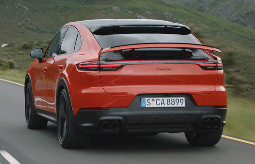 2019/2020 Lava Orange Porsche Cayenne Coupe with rear spoiler up