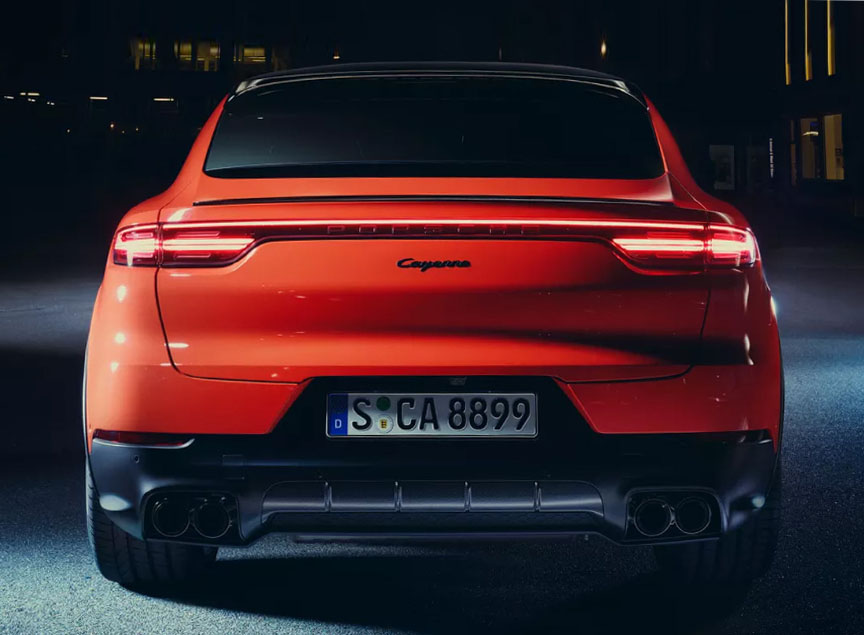 Rear view of 2019/2020 Porsche Cayenne Coupe in Lava Orange