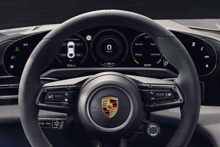 2020 Porsche Taycan steering wheel and instrument cluster
