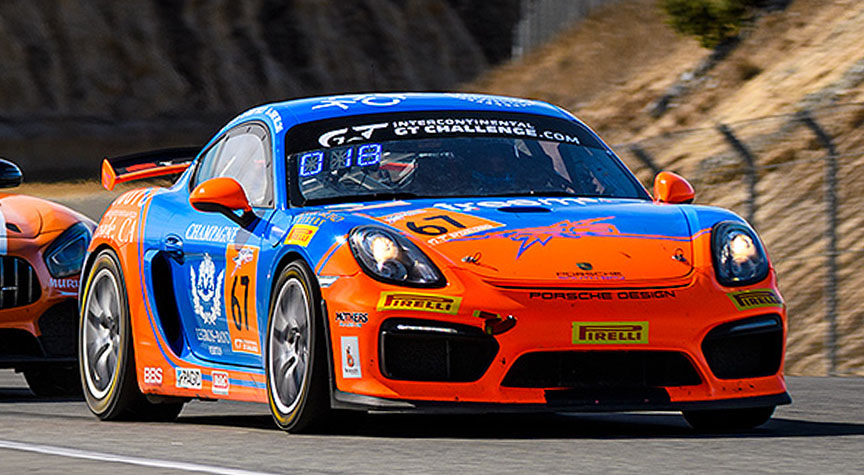 Intercontinental GT Challenge, round 4, California 8 Hours, Laguna Seca, Porsche Cayman GT4, Chris Bellomo, Tom Dyer, Rob Orcutt