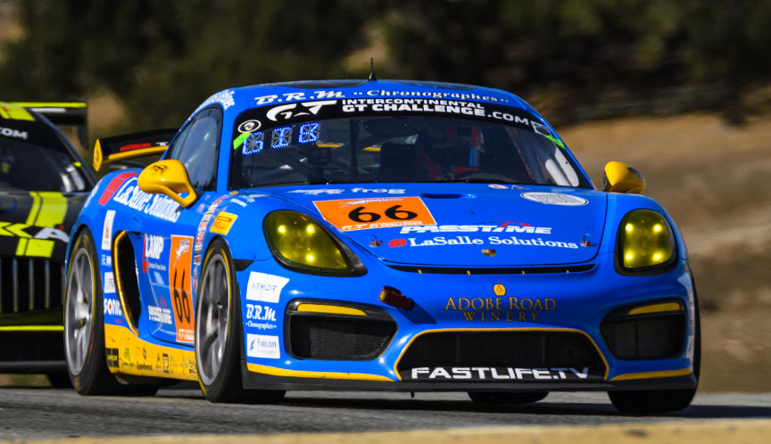 2018 Intercontinental GT Challenge, round 4, California 8 Hours, Laguna Seca, Porsche Cayman GT4, Spencer Pumpelly, Derek DeBoer, Sean Gibbons