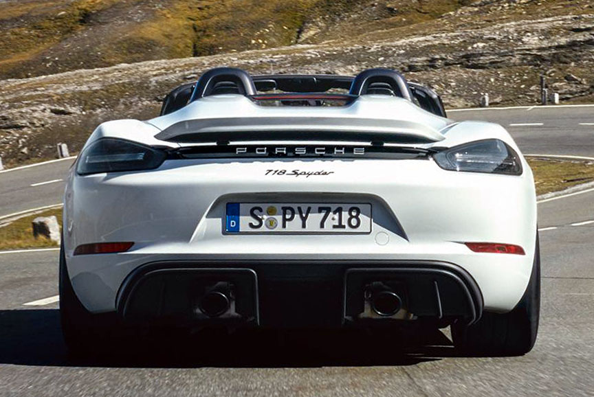 2020 Porsche 718 (982) Spyder, rear view, spoiler, exhaust