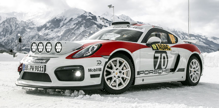 Porsche Cayman 981 R-GT rally car on ice track in Zell am See in 2019