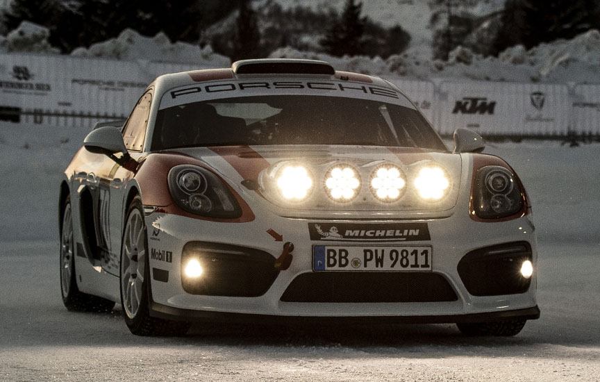 Porsche Cayman 981 R-GT rally car on ice track in Zell am See in 2019