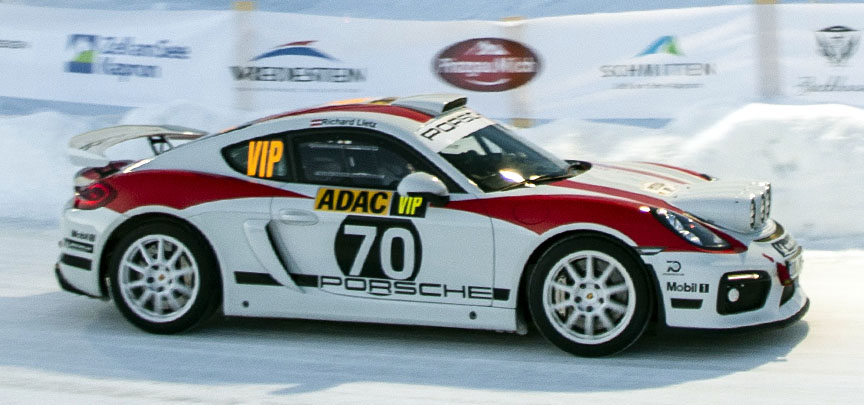 Porsche Cayman 981 R-GT rally car on ice track in Zell am See in 2019