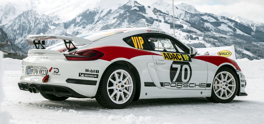 Porsche Cayman 981 R-GT rally car on ice track in Zell am See in 2019