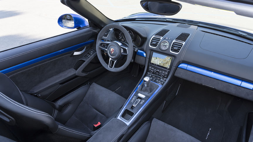 Porsche Boxster 981 Spyder cockpit with blue trim