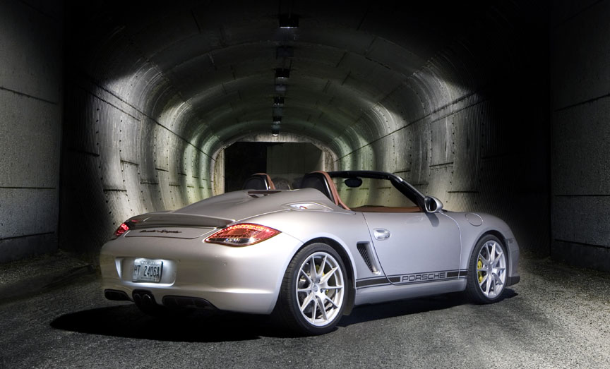 Silver Porsche Boxster 987 Spyder posing in the tunnel